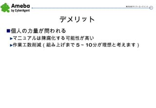 デメリット 個人の力量が問われる マニュアルは陳腐化する可能性が高い 作業工数削減（組み上げまで5～10分が理想と考えます） 