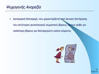 Διατροφική διαταραχή, που χαρακτηρίζεται από άρνηση διατήρησης του κατώτερου φυσιολογικού σωματικού βάρους, έντονο φόβο για πρόσληψη βάρους και διαταραγμένη εικόνα σώματος. Ψυχογενής Ανορεξία 