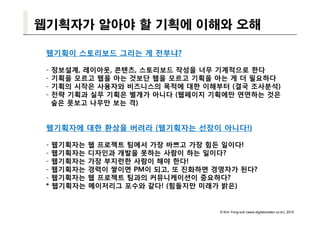 웹기획자가 알아야 할 기획에 이해와 오해

 웹기획이 스토리보드 그리는 게 전부냐?

 -   정보설계, 레이아웃, 콘텐츠, 스토리보드 작성을 너무 기계적으로 한다
 -   기획을 모르고 웹을 아는 것보단 웹을 모르고 기획을 아는 게 더 필요하다
 -   기획의 시작은 사용자와 비즈니스의 목적에 대한 이해부터 (결국 조사분석)
 -   전략 기획과 실무 기획은 별개가 아니다 (웹페이지 기획에만 연연하는 것은
     숲은 못보고 나무만 보는 격)


 웹기획자에 대한 환상을 버려라 (웹기획자는 선장이 아니다!)

 -   웹기획자는   웹 프로젝트 팀에서 가장 바쁘고 가장 힘든 일이다!
 -   웹기획자는   디자인과 개발을 못하는 사람이 하는 일이다?
 -   웹기획자
     웹기획자는   가장 부지런한 사람이 해야 한다!
                             한다
 -   웹기획자는   경력이 쌓이면 PM이 되고, 또 진화하면 경영자가 된다?
 -   웹기획자는   웹 프로젝트 팀과의 커뮤니케이션이 중요하다?
 *   웹기획자는   메이저리그 포수와 같다! (힘들지만 미래가 밝은)


                                     © Kim Yong-sub (www.digitalcreator.co.kr), 2010
 
