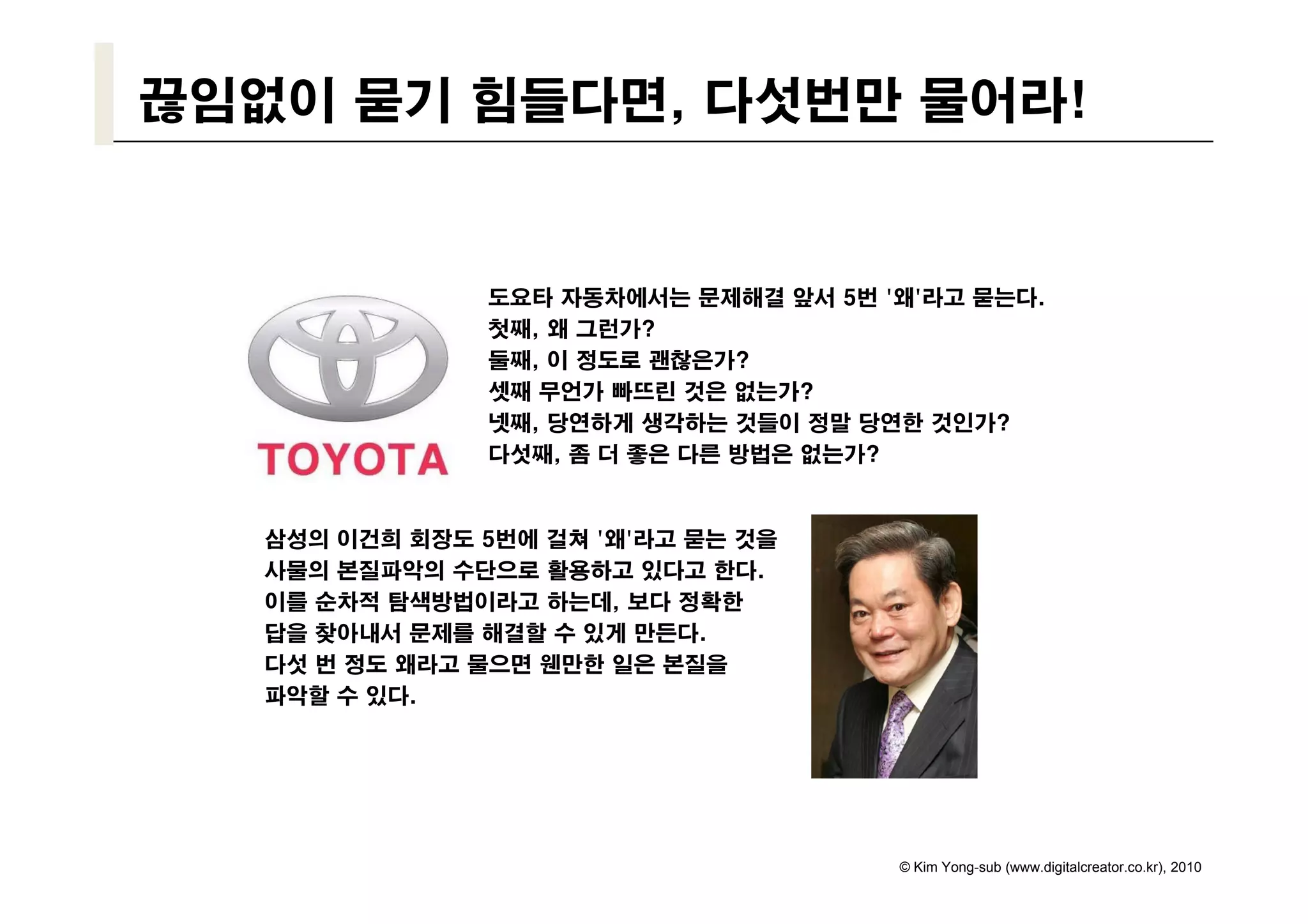 끊임없이 묻기 힘들다면, 다섯번만 물어라!


                도요타 자동차에서는 문제해결 앞서 5번 '왜'라고 묻는다.
                첫째, 왜 그런가?
                둘째,
                둘째 이 정도로 괜찮은가?
                셋째 무언가 빠뜨린 것은 없는가?
                넷째, 당연하게 생각하는 것들이 정말 당연한 것인가?
                다섯째, 좀 더 좋은 다른 방법은 없는가?
                                   없는가


   삼성의 이건희 회장도 5번에 걸쳐 '왜'라고 묻는 것을
   사물의 본질파악의 수단으로 활용하고 있다고 한다한다.
   이를 순차적 탐색방법이라고 하는데, 보다 정확한
   답을 찾아내서 문제를 해결할 수 있게 만든다.
   다섯 번 정도 왜라고 물으면 웬만한 일은 본질을
   파악할 수 있다.




                                       © Kim Yong-sub (www.digitalcreator.co.kr), 2010
 