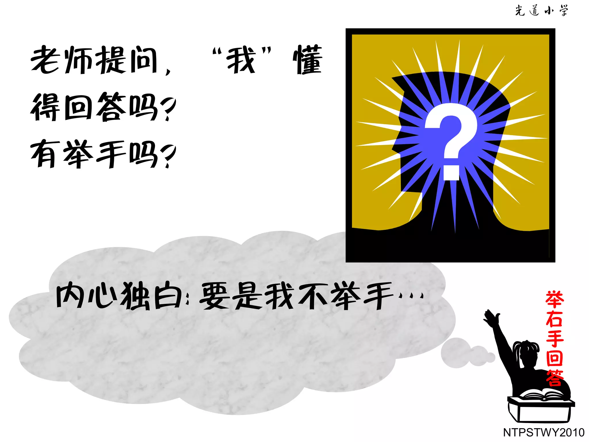 老师提问，‚我‛懂
得回答吗？
有举手吗？



内心独白: 要是我不举手…        举
                     右
                     手
                     回
                     答

                NTPSTWY2010
 