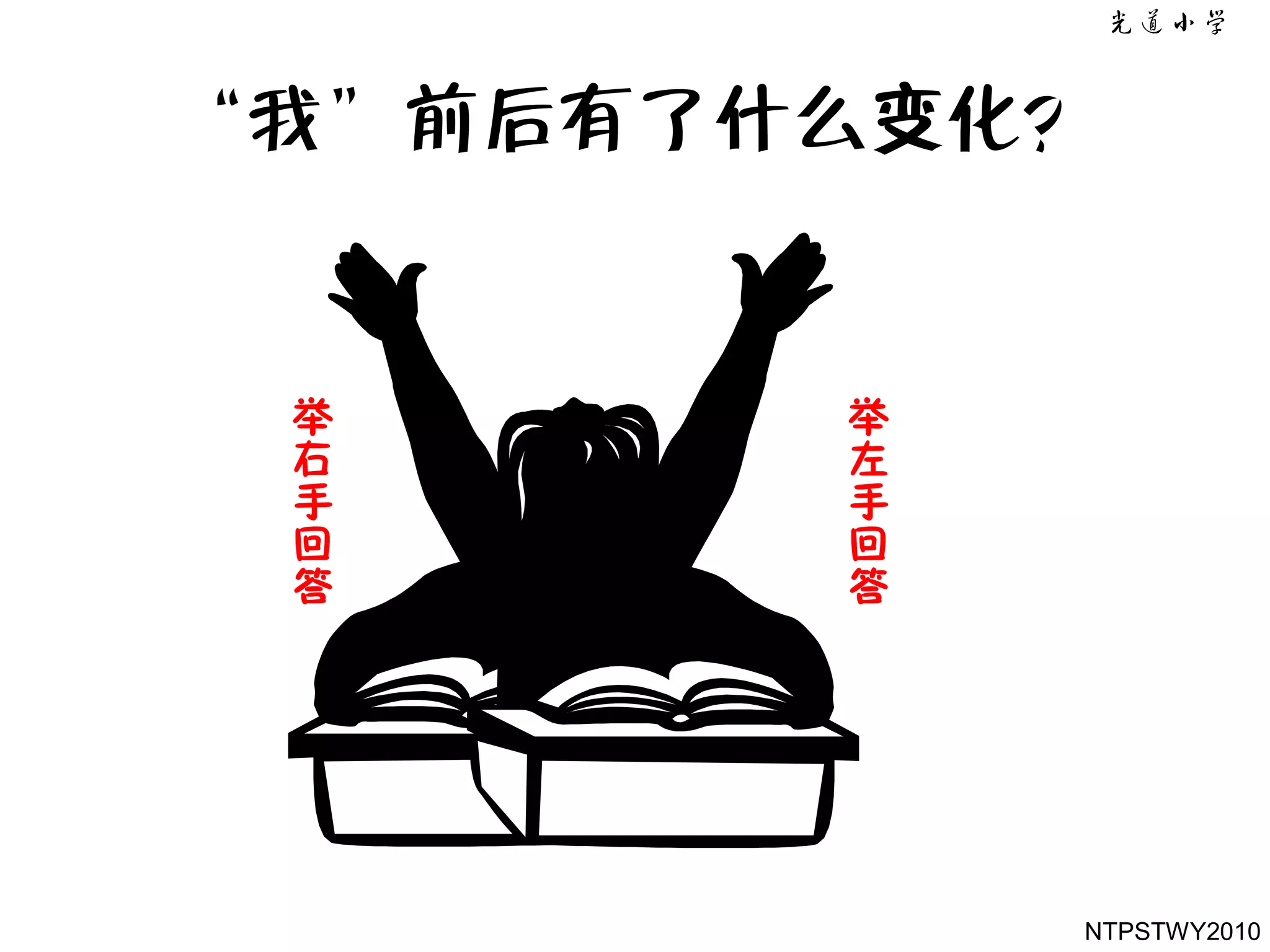 ‚我‛前后有了什么变化？


 举      举
 右      左
 手      手
 回      回
 答      答




            NTPSTWY2010
 