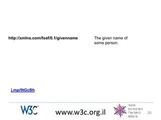 http://xmlns.com/foaf/0.1/givenname   The given name of
                                      some person.




 j.mp/9tGcBh




                       www.w3c.org.il                     26
 