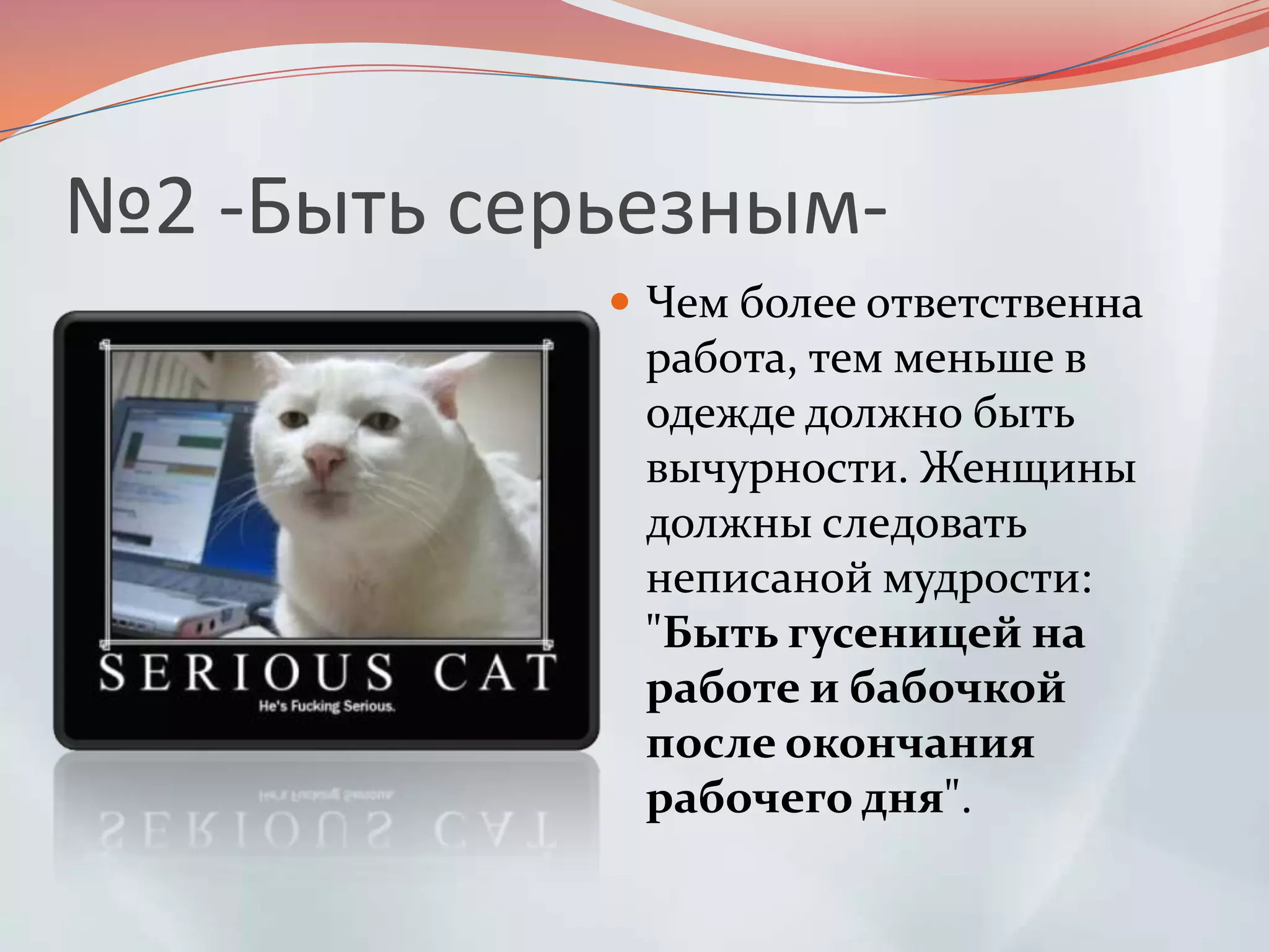 №2 -Быть серьезным-Чем более ответственна работа, тем меньше в одежде должно быть вычурности. Женщины должны следовать неписаной мудрости: "Быть гусеницей на работе и бабочкой после окончания рабочего дня".