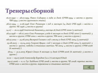 16.07.1992 — 28.07.1994 Павел Садырин 2 года 12 дней (ОЧМ-1994: 2 место в группе; ЧМ-1994: 3 место группового этапа).  28.07.1994 — 11.06.1996 Олег Романцев 1 год 11 месяцев (14 дней ОЧЕ-1996: 1 место в группе; ЧЕ-1996: 4 место в группе) 24.07 — 20.12.1998 Анатолий Бышовец 4 месяца 26 дней (ОЧЕ-2000 (3 матча)) 28.12.1998 — 08.07.2002 Олег Романцев 3 года 6 месяцев 10 дней (ОЧЕ-2000 (7 матчей): 3 место в группе; ОЧМ-2002: 1 место в группе; ЧМ-2002: 3 место в группе ) 08.07.2002 — 25.08.2003 Валерий Газзаев 1 год 1 месяц 17 дней (ОЧЕ-2004 (5 матчей)) 25.08.2003 — 05.04.2005 Георгий Ярцев 1 год 7 месяцев 11 дней (ОЧЕ-2004 (5 матчей): 2 место в  группе, победа в стыковых матчах; ЧЕ-2004: 4 место в группе; ОЧМ-2006 (6 матчей) ) 18.04 — 31.12.2005 Юрий Сёмин 8 месяцев 13 дней (ОЧМ-2006 (6 матчей): 3 место в группе ) 01.01 — 09.07.2006 Александр Бородюк (и.о.) 6 месяцев 8 дней  09.07.2006 — н. в. Гус Хиддинк (ОЧЕ-2008: 2 место в группе; ЧЕ-2008: третье место; ОЧМ-2010: 2 место в группе, поражение в стыковых матчах) 