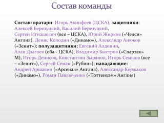 Состав:   вратари :  Игорь Акинфеев (ЦСКА),  защитники :  Алексей Березуцкий ,  Василий Березуцкий ,  Сергей Игнашевич  (все – ЦСКА),  Юрий Жирков  («Челси» Англия),  Денис Колодин  («Динамо»),  Александр Анюков  («Зенит»);  полузащитники:   Евгений Алдонин ,  Алан Дзагоев  (оба - ЦСКА),  Владимир Быстров  («Спартак» М),  Игорь Денисов ,  Константин Зырянов ,  Игорь Семшов  (все – «Зенит»),  Сергей Семак  («Рубин»);  нападающие:   Андрей Аршавин  («Арсенал» Англия),  Александр Кержаков  («Динамо»),  Роман Павлюченко  («Тоттенхэм» Англия) 
