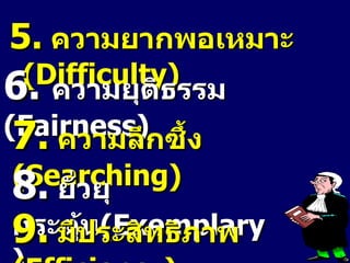 5.   ความยากพอเหมาะ  ( Difficulty ) 6.  ความยุติธรรม  ( Fairness ) 7.   ความลึกซึ้ง  ( Searching ) 8.   ยั่วยุ กระตุ้น ( Exemplary ) 9.   มีประสิทธิภาพ  ( Efficiency ) 