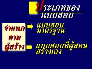 แบบสอบมาตรฐาน จำแนก ตาม ผู้สร้าง แบบสอบที่ผู้สอนสร้างเอง ป ระเภทของแบบสอบ 