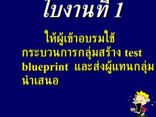 ใบงานที่  1 ให้ผู้เข้าอบรมใช้กระบวนการกลุ่มสร้าง  test blueprint  และส่งผู้แทนกลุ่มนำเสนอ 
