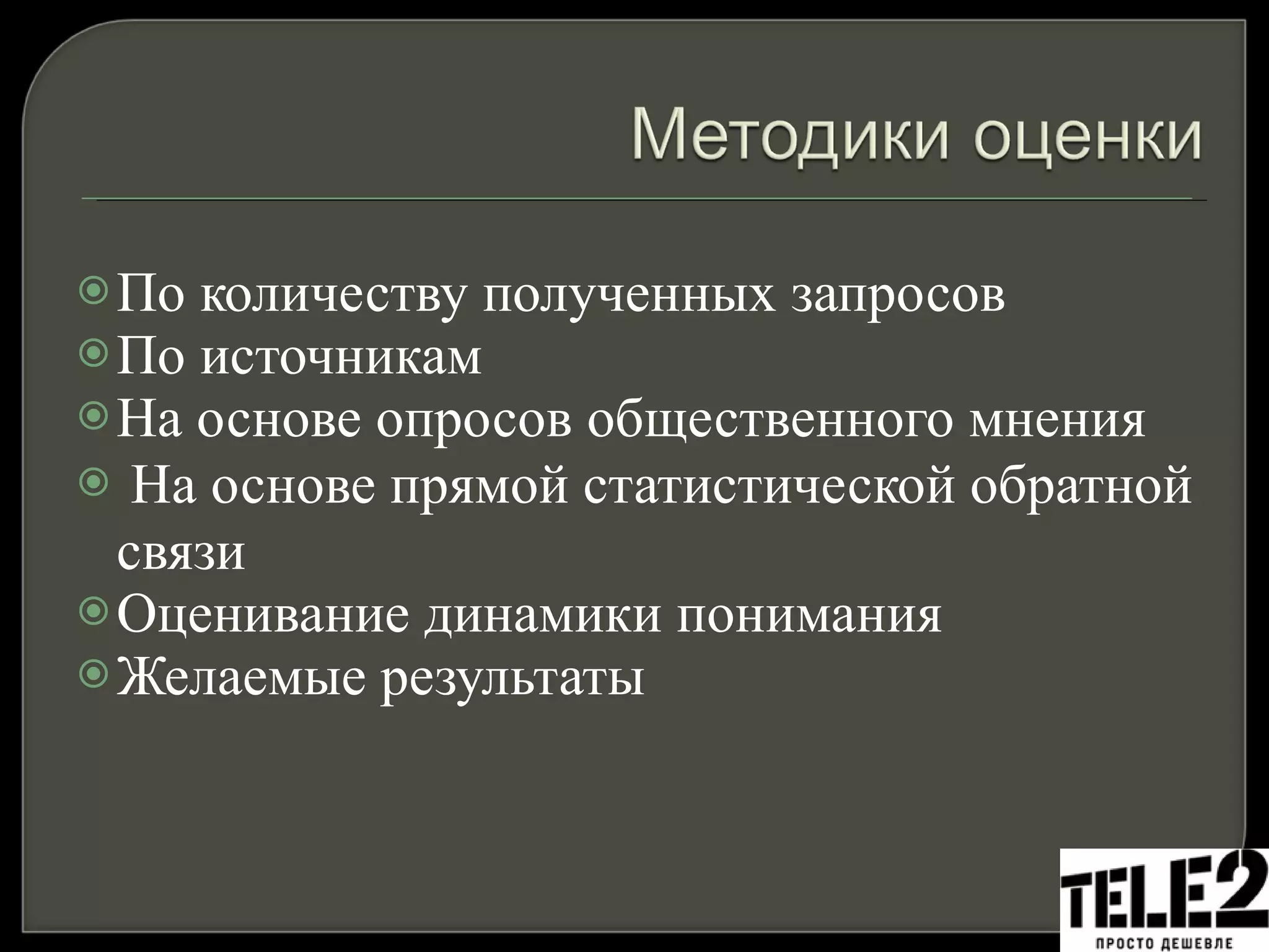 По количеству полученных запросов По источникам На основе опросов общественного мнения   На основе прямой статистической обратной связи Оценивание динамики понимания Желаемые результаты 