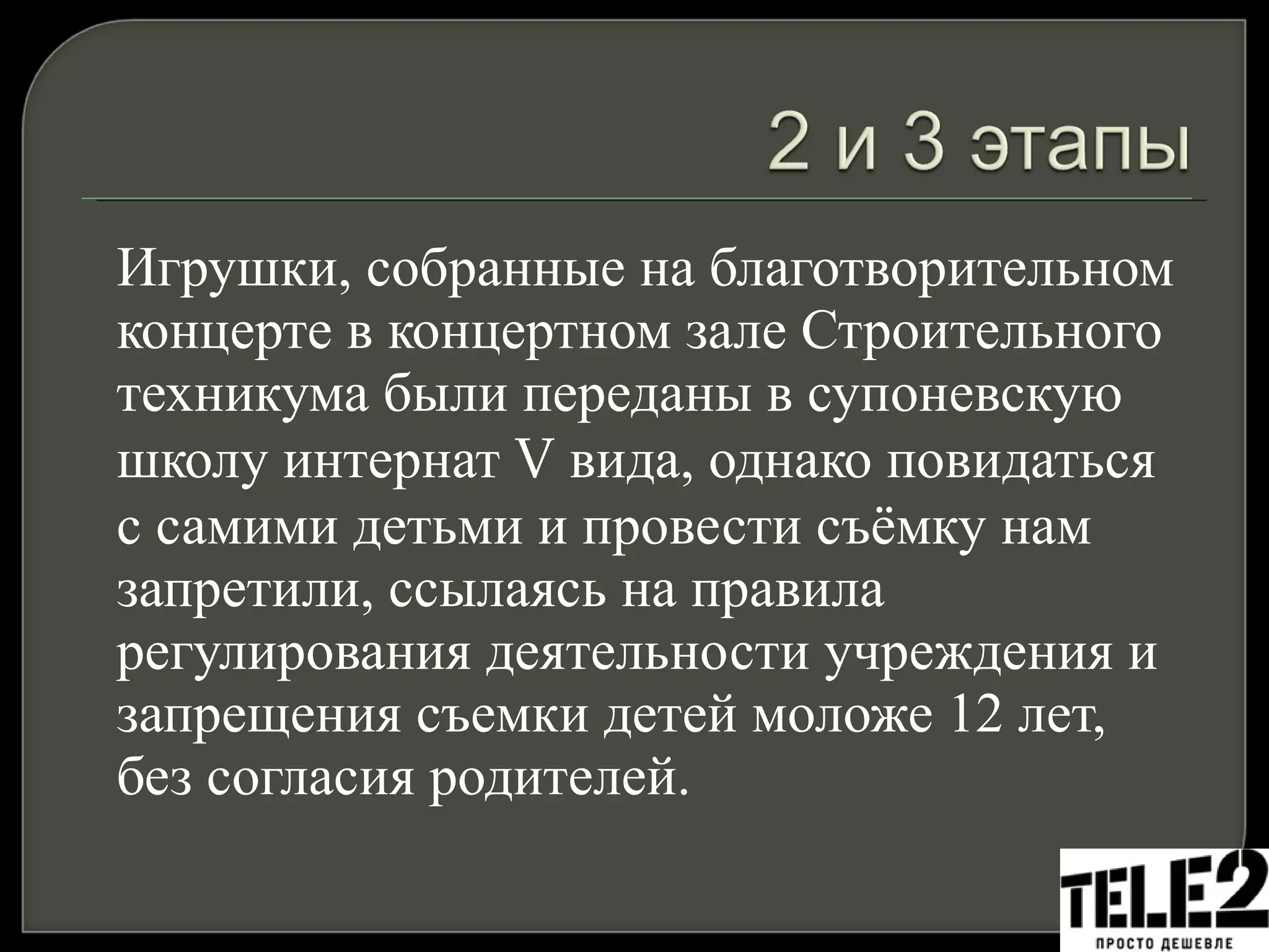 Игрушки, собранные на благотворительном концерте в концертном зале Строительного техникума были переданы в супоневскую школу интернат  V  вида, однако повидаться с самими детьми и провести съёмку нам запретили, ссылаясь на правила регулирования деятельности учреждения и запрещения съемки детей моложе 12 лет, без согласия родителей.  