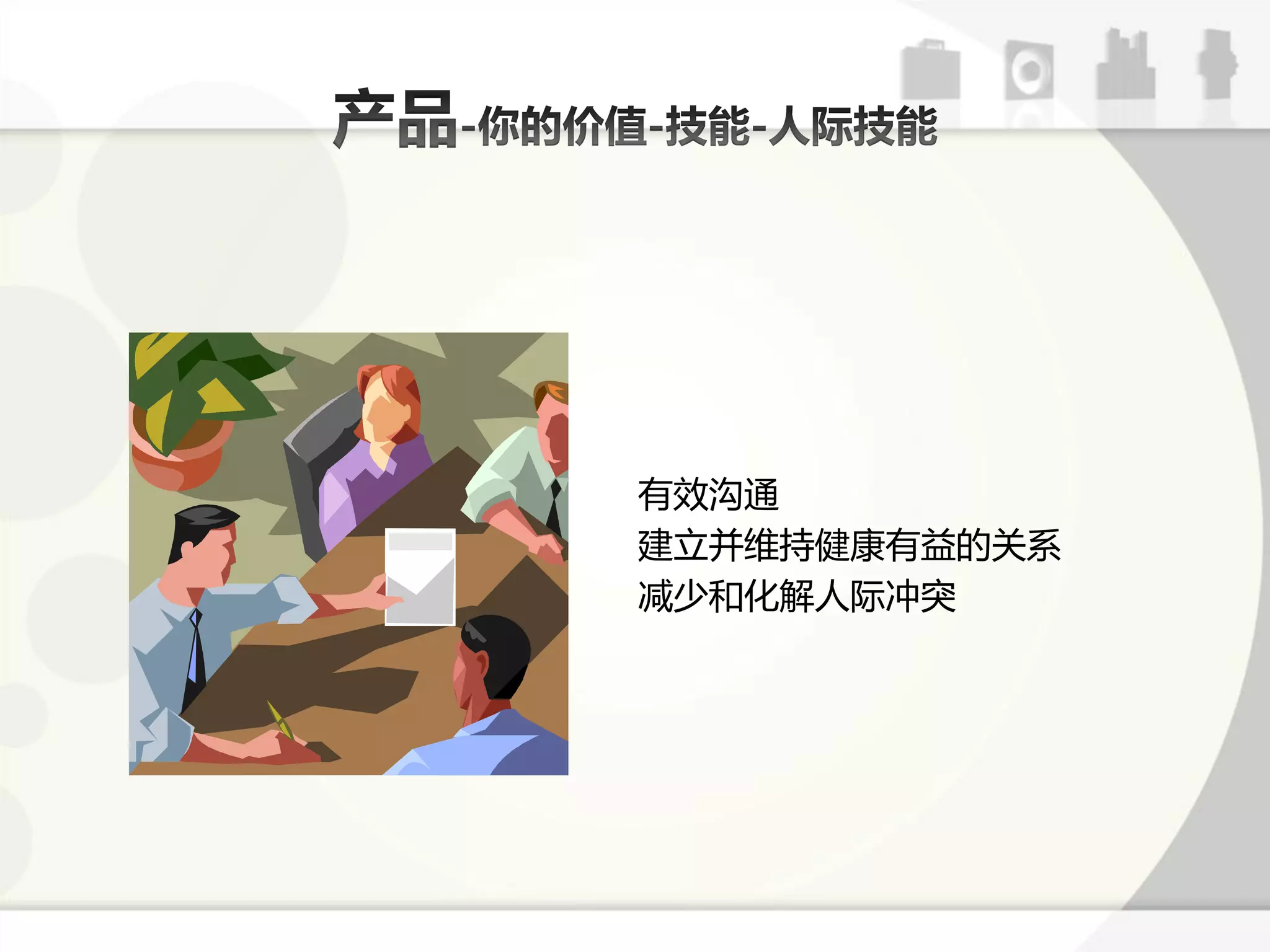 有效沟通
建立幵维持健康有益的关系
减少呾化解人际冲突
 