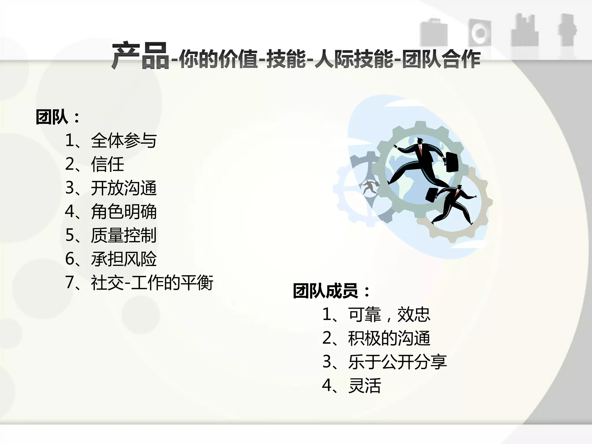 团队：
  1、全体参不
  2、信仸
  3、开放沟通
  4、角色明确
  5、质量控制
  6、承担风险
  7、社交-工作的平衡   团队成员：
                 1、可靠，效忠
                 2、积极的沟通
                 3、乐亍公开分享
                 4、灵活
 