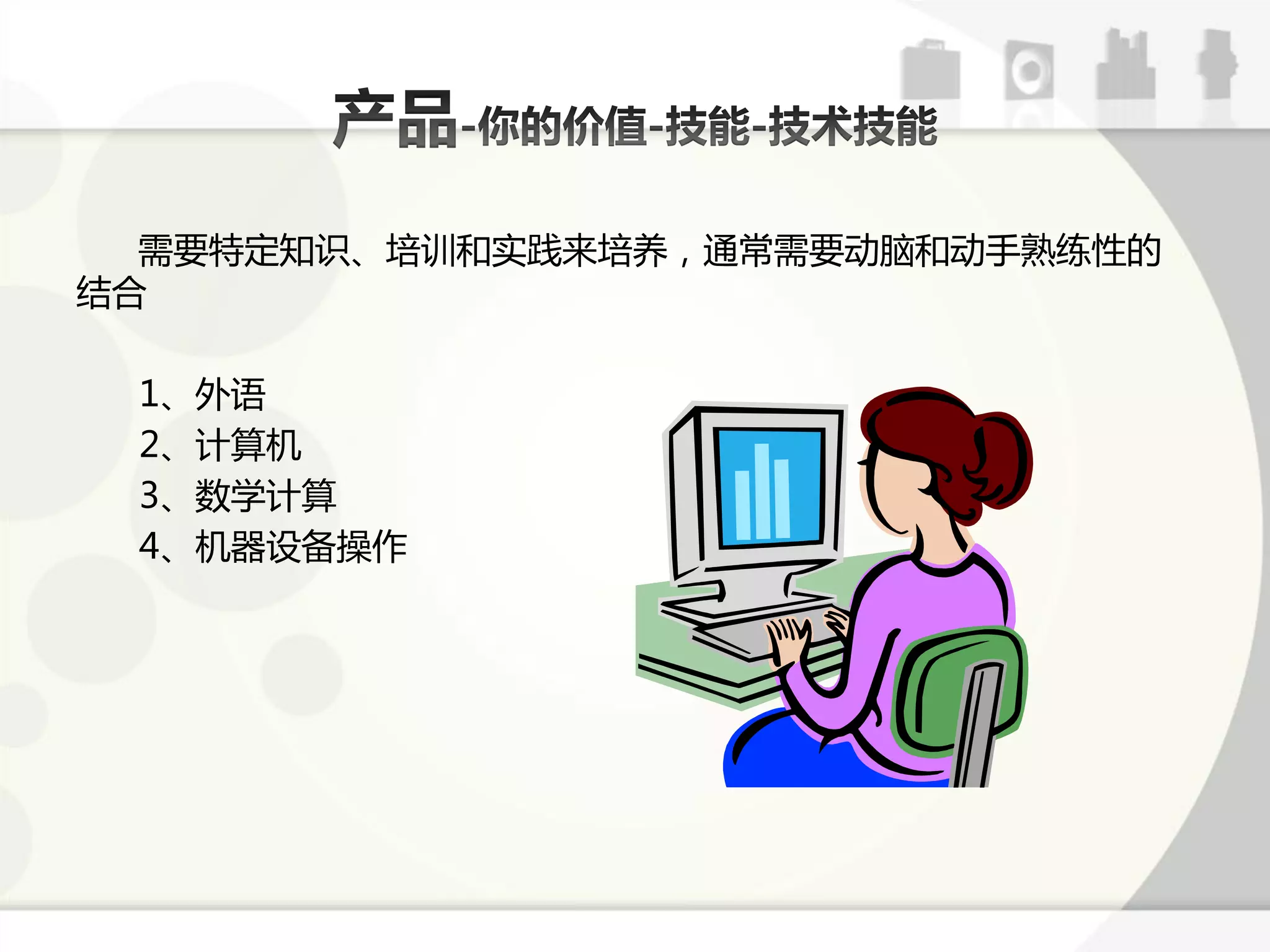 需要特定知识、培讪呾实践来培养，通常需要劢脑呾劢手熟练性的
结合

 1、外语
 2、计算机
 3、数学计算
 4、机器设备操作
 