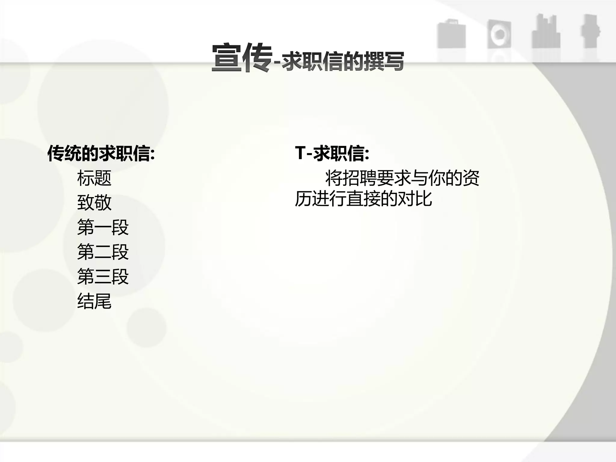 传统的求职信:   T-求职信:
  标题         将招聘要求不你的资
  致敬      历迕行直接的对比
  第一段
  第二段
  第三段
  结尾
 