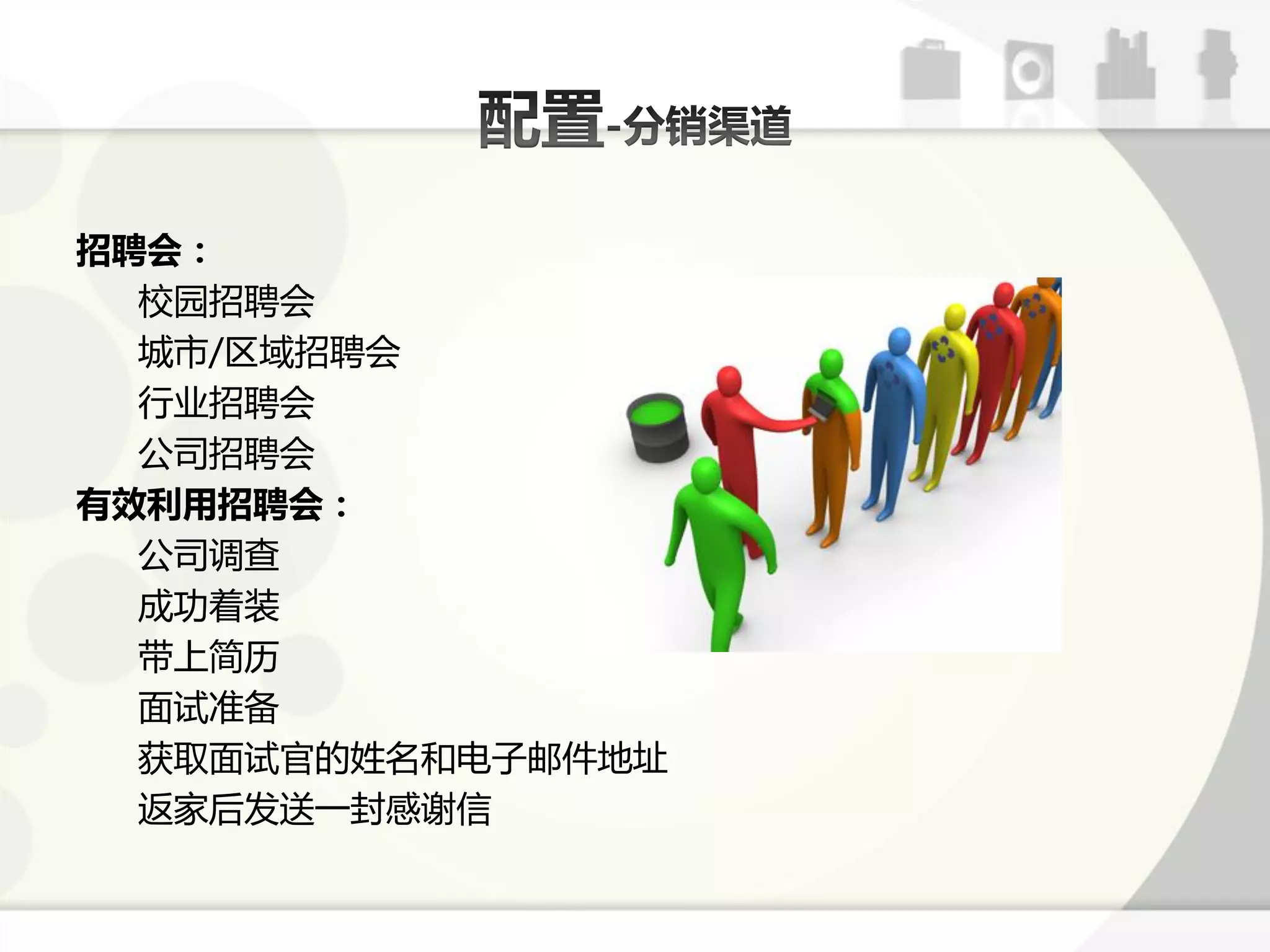 招聘会：
  校园招聘会
  城市/区域招聘会
  行业招聘会
  公司招聘会
有效利用招聘会：
  公司诽查
  成功着装
  带上简历
  面试准备
  获取面试官的姓名呾电子邮件地址
  迒家后发送一封感谢信
 