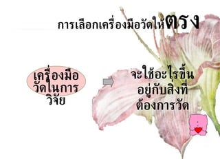 การเลือกเครื่องมือวัดให้ ตรง จะใช้อะไรขึ้นอยู่กับสิ่งที่ต้องการวัด เครื่องมือวัดในการวิจัย 