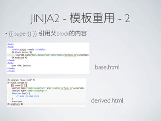 JINJA2 -                -2
? {{   super() }}   block




                             base.html




                            derived.html
 