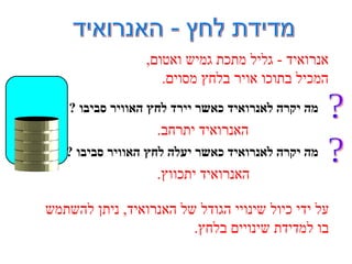 מדידת לחץ - האנרואיד אנרואיד  -  גליל מתכת גמיש ואטום ,  המכיל בתוכו אויר בלחץ מסוים . האנרואיד יתכווץ . האנרואיד יתרחב . על ידי כיול שינויי הגודל של האנרואיד ,  ניתן להשתמש בו למדידת שינויים בלחץ . ? מה יקרה לאנרואיד כאשר יעלה לחץ האוויר סביבו   ? ? מה יקרה לאנרואיד כאשר יירד לחץ האוויר סביבו   ? 