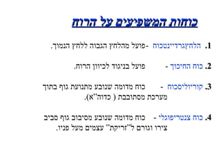 כוחות המשפיעים על הרוח 1 .   כוח  גרדיינט  הלחץ   - פועל מהלחץ הגבוה ללחץ הנמוך . 2 .   כוח החיכוך   - פועל בניגוד לכיוון הרוח . 3 .   כוח  קוריוליס   - כוח מדומה שנובע מתנועת גוף בתוך  מערכת מסתובבת  (  כדוה”א ). 4 .   כוח צנטריפוגלי   - כוח מדומה שנובע מסיבוב גוף סביב  צירו וגורם ל”זריקת” עצמים מעל פניו . 