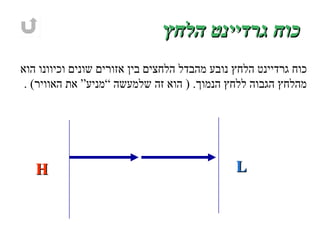כוח גרדיינט הלחץ כוח גרדיינט הלחץ נובע מהבדל הלחצים בין אזורים שונים וכיוונו הוא מהלחץ הגבוה ללחץ הנמוך . (  הוא זה שלמעשה “מניע” את האוויר ) .   H L 