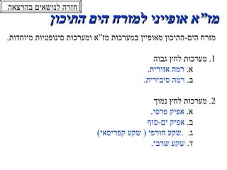 מז”א אופייני למזרח הים התיכון מזרח הים - התיכון מאופיין במערכות מז”א ומערכות סינופטיות מיוחדות . 1 .  מערכות לחץ גבוה א .  רמה אזורית . ב .  רמה סיבירית . 2 .  מערכות לחץ נמוך א .  אפיק פרסי . ב .  אפיק ים-סוף   ג .  שקע חורפי ( שקע קפריסאי)  . ד .  שקע שרבי .  חזרה לנושאים בהרצאה 