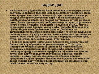 БАДЊИ ДАННа Бадњи дан у Доњој Белој Реци домаћица рано изјутра донесе воду,коју користи за обредне хлебове.Домаћин у рукавицу стави жито, кукуруз и од сваког семена које сеје, па однесе на извор. Кукуруз се у црепуљи угреје на жару и то се даје кокошкама. Домаћин закоље прасе, крв помеша са трицама  и тиме се храни стока. Затим одлази у шуму по бадњак- церово дрво, које сече са источне стране трудећи се да дрво не падне на земљу. Увече у рукавицама узима бадњак, улази у кућу говорећи Добро вече и срећно Бадње вече Срећан вам бадњак. Домаћица му  одговараБог ти помогао и хвала, посипајући га житом. Бадњак се стави на ватру,, а у кућу се уноси слама и вечера се поставља на земљу.Поред посних јела ту се налазе и обредни хлебови кућа, лутка, виноград, срп, месец, сунце, буре, свиња. У сеоским срединама настањеним влашким становништвом на Бадњи дан иду обредне поворке-кољиндреци. То је група маскираних младића кои носе штапове од леске нашаране спиралним орнаментима. Они обилазе куће, џарају ватру у огњишту и лупају штаповима терајући на тај начин зле  демоне. Укућани их дарују обредним хлепчићима, орасима, месом, новцем... У науци постоји мишљење да обредне поворке представљају душе предака. Изнуђивање поклона и њихова моћ да као уздарје дарују плоднос, карактериши их као демоне кои симболично долазе да узму жртву.