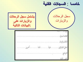 خامسا  :  السجلات الفنية سجل الرحلات والزيارات يشتمل سجل الرحلات والزيارات على  البيانات التالية : 