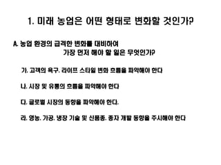 1. 미래 농업은 어떤 형태로 변화할 것인가?

A. 농업 환경의 급격한 변화를 대비하여
           가장 먼저 해야 할 일은 무엇인가?

 가. 고객의 욕구. 라이프 스타일 변화 흐름을 파악해야 한다

 나. 시장 및 유통의 흐름을 파악해야 한다

 다. 글로벌 시장의 동향을 파악해야 한다.

 라. 영농. 가공. 냉장 기술 및 신품종. 종자 개발 동향을 주시해야 한다
 