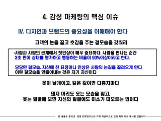 4. 감성 마케팅의 핵심 이슈

 IV. 디자인과 브랜드의 중요성을 이해해야 한다

      고객의 눈을 끌고 호감을 주는 겉모습을 갖춰라

*사람과 사람의 관계에서 첫인상이 매우 중요하다. 사람을 만나는 순간
3초 만에 상대를 평가하고 행동하는 비율이 90%이상이라고 한다.

당당한 겉모습. 자신에 찬 표정이나 인상은 사람의 눈길을 끌려오게 한다
이런 겉모습을 만들어내는 것은 자기 자신이다

        옷이 날개이고, 같은 값이면 다홍치마다

          돼지 머리도 웃는 모습을 찾고,
  웃는 얼굴에 보면 자신의 얼굴에도 미소가 떠오르는 법이다


             본 내용은 휴리넷 경영 전략연구소의 지적 자산이므로 강의 목적 이외 복사를 금합니다
 