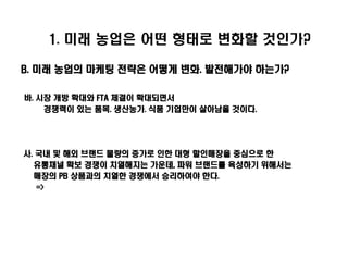 1. 미래 농업은 어떤 형태로 변화할 것인가?

B. 미래 농업의 마케팅 전략은 어떻게 변화. 발전해가야 하는가?

바. 시장 개방 확대와 FTA 체결이 확대되면서
    경쟁력이 있는 품목. 생산농가. 식품 기업만이 살아남을 것이다.




사. 국내 및 해외 브랜드 물량의 증가로 인한 대형 할인매장을 중심으로 한
  유통채널 확보 경쟁이 치열해지는 가운데, 파워 브랜드를 육성하기 위해서는
  매장의 PB 상품과의 치열한 경쟁에서 승리하여야 한다.
   =>
 