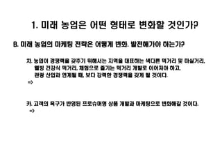 1. 미래 농업은 어떤 형태로 변화할 것인가?

B. 미래 농업의 마케팅 전략은 어떻게 변화. 발전해가야 하는가?

  차. 농업이 경쟁력을 갖추기 위해서는 지역을 대표하는 색다른 먹거리 및 마실거리,
     웰빙 건강식 먹거리, 체험으로 즐기는 먹거리 개발로 이어져야 하고,
     관광 산업과 연계될 때, 보다 강력한 경쟁력을 갖게 될 것이다.
  =>



  카. 고객의 욕구가 반영된 프로슈머형 상품 개발과 마케팅으로 변화해갈 것이다.
   =>
 