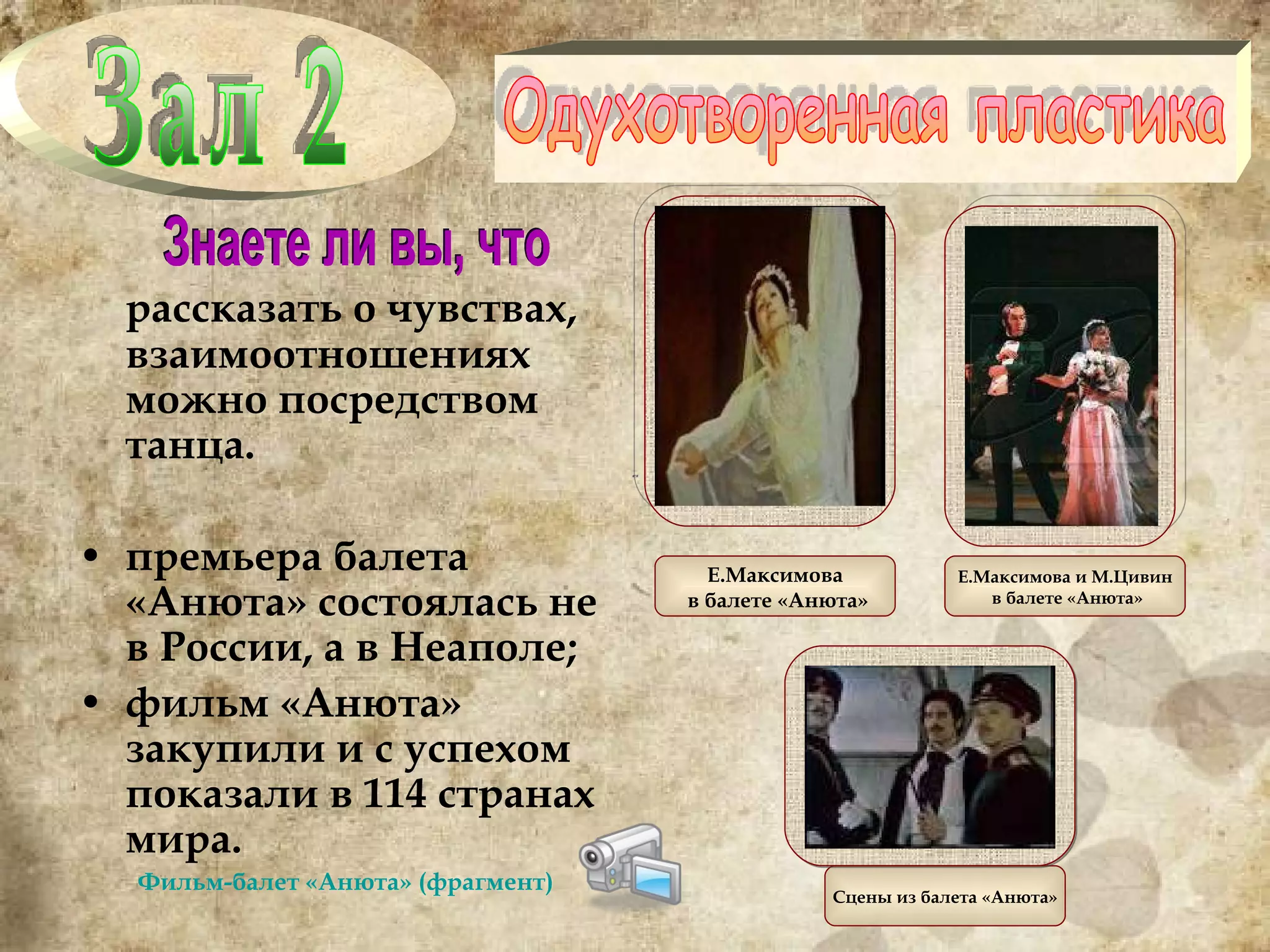 рассказать о чувствах, взаимоотношениях можно посредством танца. премьера балета «Анюта» состоялась не в России, а в Неаполе; фильм «Анюта» закупили и с успехом показали в 114 странах мира. Фильм-балет «Анюта» (фрагмент) Зал 2 Е.Максимова и М.Цивин в балете «Анюта» Е.Максимова в балете «Анюта» Сцены из балета «Анюта» Одухотворенная пластика Знаете ли вы, что  