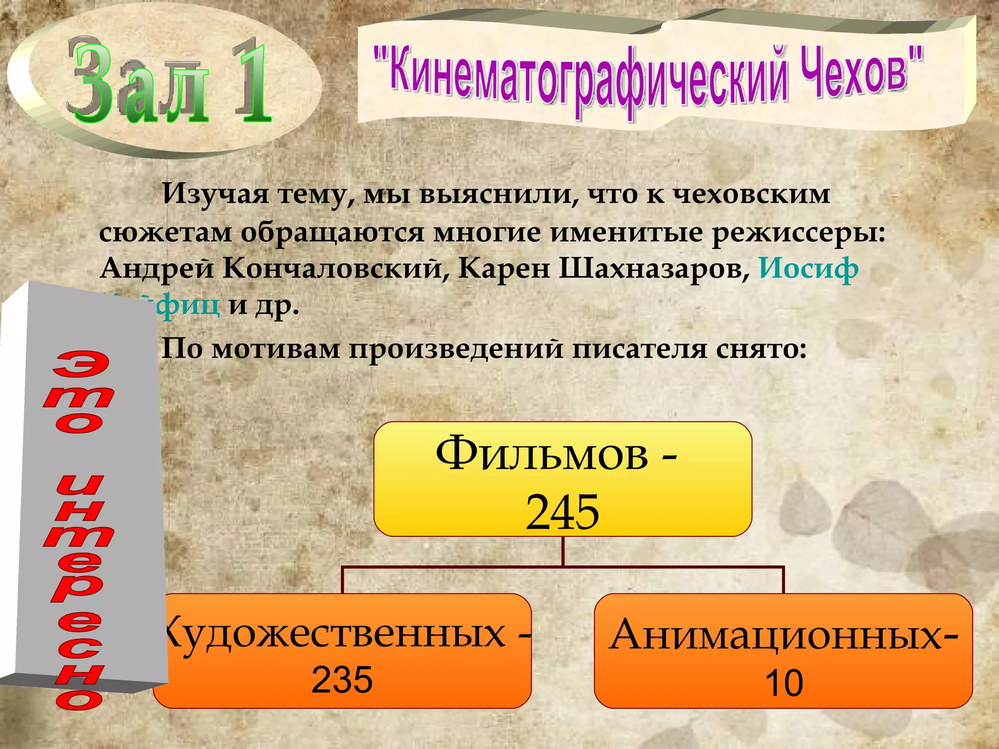 Изучая тему, мы выяснили, что к чеховским сюжетам обращаются многие именитые режиссеры: Андрей Кончаловский, Карен Шахназаров,  Иосиф  Хейфиц   и др. По мотивам произведений писателя снято: "Кинематографический Чехов" Это интересно Зал 1 Фильмов -  245 Художественных - 235 Анимационных - 10 