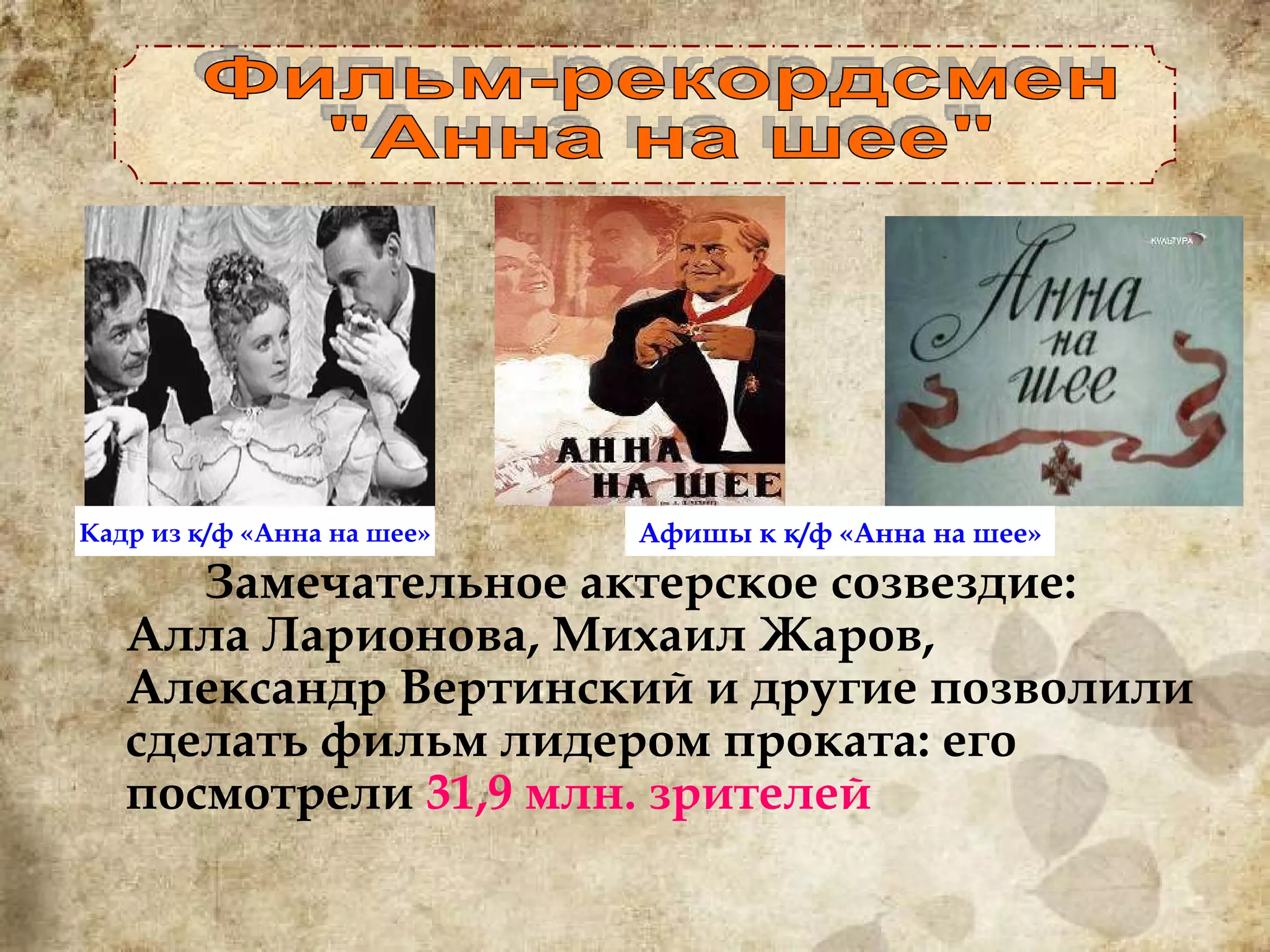 Замечательное актерское созвездие: Алла Ларионова, Михаил Жаров, Александр Вертинский и другие позволили сделать фильм лидером проката: его посмотрели  31,9 млн. зрителей Фильм-рекордсмен "Анна на шее" Кадр из к/ф «Анна на шее» Афишы к к/ф «Анна на шее» 