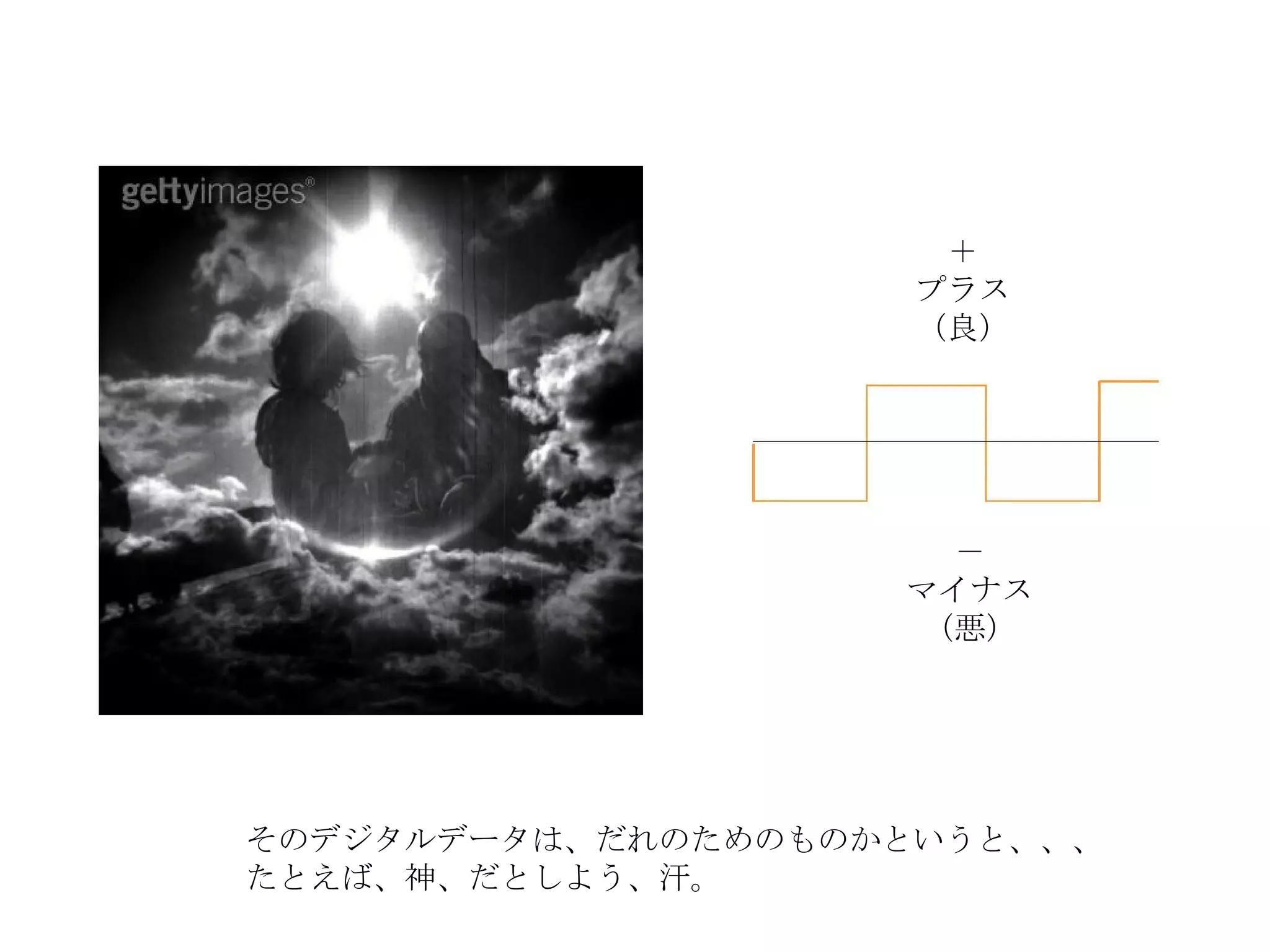 そのデジタルデータは、だれのためのものかというと、、、 たとえば、神、だとしよう、汗。 ＋ プラス （良） － マイナス （悪） ＋ プラス （良） 