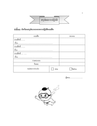 5


                                  สรุปผลการปฏิบัติ

คําชี้แจง นักเรียนสรุปคะแนนจากการปฏิบัติแบบฝก

                       แบบฝก                              คะแนน
แบบฝกที……..
         ่
 เรื่อง…………………………………….………………..
แบบฝกที……..
           ่
เรื่อง…………………………………….…………………
แบบฝกที….. …..
             ่
 เรื่อง…………………………………….……………….
                รวมคะแนน
                  รอยละ
               สรุปผลการประเมิน                  ผาน        ไมผาน


                                                        ผูสอน…………………..
 
