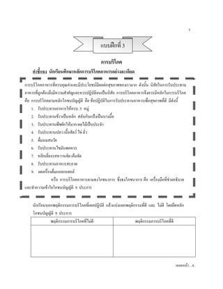 3


                                           แบบฝกที่ 3

                                           การบริโภค
    คําชี้แจง นักเรียนศึกษาหลักการบริโภคอาหารอยางละเอียด

การบริโภคอาหารที่ครบคุณคาและมีประโยชนมีผลตอสุขภาพของเรามาก ดังนั้น นิสัยในการรับประทาน
อาหารที่ถูกตองจึงมีความสําคัญและควรปฏิบัติจนเปนนิสัย การบริโภคอาหารจึงควรมีหลักในการบริโภค
คือ การบริโภคตามหลักโภชนบัญญัติ คือ ขอปฏิบัติในการรับประทานอาหารเพือสุขภาพที่ดี มีดังนี้
                                                                        ่
    1. รับประทานอาหารใหครบ 5 หมู
    2. รับประทานขาวเปนหลัก สลับกับแปงเปนบางมื้อ
    3. รับประทานพืชผักใหมาก ผลไมเปนประจํา
    4. รับประทานปลา เนื้อสัตว ไข ถั่ว
    5. ดื่มนมสมวัย
    6. รับประทานไขมันพอควร
    7. หลีกเลี่ยงรสหวานจัด เค็มจัด
    8. รับประทานอาหารสะอาด
    9. งดเครื่องดื่มแอลกอฮอล
                 หรือ การบริโภคอาหารตามธงโภชนาการ ซึ่งธงโภชนาการ คือ เครื่องมือที่ชวยอธิบาย
และทําความเขาใจโภชนบัญญัติ 9 ประการ


    นักเรียนบอกพฤติกรรมการบริโภคที่เคยปฏิบัติ แลวแบงแยกพฤติกรรมที่ดี และ ไมดี โดยยึดหลัก
    โภชนบัญญัติ 9 ประการ
              พฤติกรรมการบริโภคที่ไมดี                       พฤติกรรมการบริโภคที่ดี




                                                                                      เฉลยหนา…4..
 