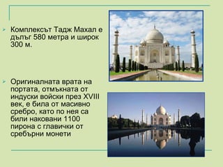 Комплексът Тадж Махал е дълъг 580 метра и широк 300 м. Оригиналната врата на портата, отмъкната от индуски войски през  XVIII  век, е била от масивно сребро, като по нея са били наковани 1100 пирона с главички от сребърни монети  
