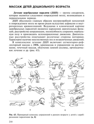 МАССАЖ ДЕТЕЙ ДОШКОЛЬНОГО ВОЗРАСТА

    Детские церебральные параличи (ДЦП) — группа синдромов,
которые являются следствием повреждений мозга, возникающих в
перинатальном периоде.
   ДЦП обусловлен главным образом внутриутробной патологией
и повреждением мозга во время родов вследствие асфиксии и внут-
ричерепных кровоизлияний. Ведущими в клинической картине
церебральных параличей являются нарушения двигательных функ-
ций, расстройства координации, неспособность сохранять нормаль-
ную позу и производить целенаправленные движения. Двигатель-
ные расстройства охватывают различные стороны моторики.
Характерно наличие неестественных поз и незаконченных движений.
   В комплексное лечение ДЦП включают сегментарно-реф-
лекторный массаж с ЛФК, криомассаж и упражнения на растяги-
вание, точечный массаж, облучение лампой соллюкс, ортопедичес-
кое лечение и др. (рис. 63).




                   à                                 á

Рис. 63. Примерный комплекс упражнений в раннем возрасте у детей с цереб-
ральными параличами (а, б)

210
 
