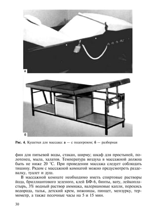 а




     б

Рис. 4. Кушетки для массажа: а — с подогревом; б — разборная


фин для питьевой воды, стакан, ширму; шкаф для простыней, по-
лотенец, мыла, халатов. Температура воздуха в массажной должна
быть не ниже 20 °С. При проведении массажа следует соблюдать
тишину. Рядом с массажной комнатой можно предусмотреть разде-
валку, туалет и душ.
   В массажной комнате необходимо иметь спиртовые растворы
йода, бриллиантового зеленого, клей БФ-6, бинты, вату, лейкопла-
стырь, 3% водный раствор аммиака, валериановые капли, перекись
водорода, тальк, детский крем, ножницы, пинцет, мензурку, тер-
мометр, а также песочные часы на 5 и 15 мин.

30
 