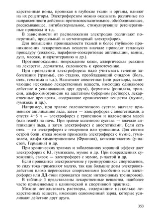 карственные ионы, проникая в глубокие ткани и органы, влияют
на их рецепторы. Электрофорезом можно оказывать различные по
направленности действия: противовоспалительное, обезболивающее,
рассасывающее, антибактериальное, стимулирующие регенератив-
ные процессы и т.д.
   В зависимости от расположения электродов различают по-
перечный, продольный и сегментарный электрофорез.
   Для повышения проницаемости тканей и более глубокого про-
никновения лекарственных веществ вначале проводят тепловую
процедуру (соллюкс, парафино-озокеритовые аппликации, ванны,
душ, массаж, индуктотерапию и др.).
   Противопоказания: повреждение кожи, аллергическая реакция
на лекарства, дерматиты, склонность к кровотечению.
   При проведении электрофореза надо учитывать течение за-
болевания (травмы), его стадию, преобладающий синдром (боль,
отек, гематома и т.д.). Назначают анестетики (или растворы, вклю-
чающие несколько лекарственных веществ, имеющих одинаковое
действие и усиливающих друг друга), ферменты (ронидаза, трип-
син, альфа-химотринсин на ацетатном буферном растворе), лекар-
ственные препараты, содержащие органические вещества (мумие,
гумизоль и др.).
   Например, при травме голеностопного сустава вначале при-
меняют аппликацию льда, затем — электрофорез с анестетиками, а
спустя 4–6 ч — электрофорез с трипсином и наложением мазей
(или гелей) на ночь. При травме коленного сустава — вначале ап-
пликации льда, а затем электрофорез с анестетиками. Если есть
отек — то электрофорез с гепарином или трипсином. Для снятия
острой боли, отека можно применять электрофорез с мумие, гуми-
золем, альфа-химиотрипсином (Франция), консолипластом (у-па-
стой, Германия) и др.
   При хронических травмах и заболеваниях хороший эффект дает
электрофорез с КI, гумизолем, мумие и др. При повреждениях су-
хожилий, связок — электрофорез с мумие, у-пастой и др.
   Если проводится электролечение у тренирующихся спортсменов,
то силу тока применяют малую, так как большие дозы электровоз-
действия плохо переносятся спортсменами (особенно если элект-
рофорез или ДД-токи проводятся после интенсивных тренировок).
   В таблице 3 представлены лекарственные вещества, наиболее
часто применяемые в клинической и спортивной практике.
   Можно использовать растворы, содержащие несколько ле-
карственных веществ, имеющих одноименный заряд, которые уси-
ливают действие друг друга.

                                                              353
 