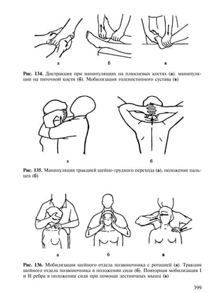 Рис. 134. Дистракция при манипуляциях на плюсневых костях (а). манипуля-
ция на пяточной кости (б). Мобилизация голеностопного сустава (в)




Рис. 135. Манипуляция тракцией шейно-грудного перехода (а), положение паль-
цев (б)




Рис. 136. Мобилизация шейного отдела позвоночника с ротацией (а). Тракция
шейного отдела позвоночника в положении сидя (б). Повторная мобилизация I
и II ребра в положении сидя при помощи лестничных мышц (в)

                                                                       399
 