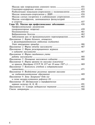 Массаж при повреждениях спинного мозга .........................................                               451
  Санаторно-курортное лечение ...............................................................                    453
  Реабилитация инвалидов-спортсменов с полиомиелитом ..................                                          454
  Массаж инвалидов-спортсменов с ДЦП ...............................................                             454
  Массаж слепых (незрячих) и слабовидящих спортсменов ..................                                         455
  Массаж олигофренов, занимающихся физкультурой
  и спортом ..................................................................................................   457
Глава XX. Массаж при профессиональных заболеваниях ..........................                                    458
  Профессиональные дискинезии
  (координаторные неврозы) .....................................................................                 459
  Пневмокониозы .......................................................................................          461
  Вибрационная болезнь ............................................................................              462
  Заболевания рук от функционального перенапряжения .....................                                        463
Приложение 1. Карта больного, лечащегося
  в физиотерапевтическом отделении (кабинете).
  Учет отпущенных процедур ......................................................................                466
Приложение 2. Форма отчета массажиста ...............................................                            467
Приложение 3. Форма регистрационного журнала
  в кабинете массажиста ...........................................................................              467
Приложение 4. Форма ежедневного учета
  работы массажиста .................................................................................            468
Приложение 5. Оснащение массажного кабинета ......................................                               468
Приложение 6. Нормы времени по массажу (извлечение
  из приказа Минздрава СССР № 817 от 18 июня 1987 г.) .....................                                      469
Приложение 7. Комплексы лечебной и оздоровительной
  гимнастики ................................................................................................    471
Приложение 8. Воздействие различных приемов массажа
  на соединительнотканные образования ...................................................                        489
Приложение 9. Зоны Захарьина–Геда (а)
  и схема висцеро-кутанного рефлекса (б) .................................................                       490
Приложение 10. Центральная и периферическая
  нервная система (А, Б, В) ........................................................................             491
Приложение 11. Словарь медицинских терминов ........................................                             492
Список литературы .......................................................................................        500




6
 