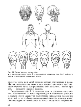 а




                                 б




                                  в
Рис. 28. Схемы массажа лица и шеи:
а — массажные линии лица; б — направление движения руки (рук) в области
шеи; в — массажные линии лица и шеи


вещества (крем или мазь) должны хорошо впитываться в кожу.
Массаж лица проводят также в виде самомассажа перед зеркалом:
таким образом легко контролировать свои движения. Главное при
этом — никакого насилия, нажима.
   Поглаживание лба II–V пальцами идет от середины его к вис-
кам. Массирование — вдоль скуловой дуги к вискам и от углов рта
к вискам. Затем массируют подбородок; направление массажных
движений — от подбородка вдоль нижней челюсти и вверх к ушам.
Лоб массируют от переносицы до начала волосяного покрова од-

68
 