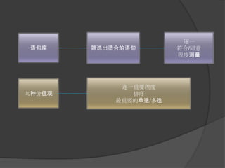 筛选出适合的语句逐一符合/同意程度测量语句库逐一重要程度排序最重要的单选/多选九种价值观