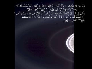” وَمَا مِن دَآبَّةٍ۬ فِى ٱلۡأَرۡضِ إِلَّا عَلَى ٱللَّهِ رِزۡقُهَا  وَيَعۡلَمُ مُسۡتَقَرَّهَا وَمُسۡتَوۡدَعَهَا‌ۚ كُلٌّ۬ فِى ڪِتَـٰبٍ۬ مُّبِينٍ۬“  ( هود –  6) ”   يَـٰبُنَىَّ إِنَّہَآ إِن تَكُ مِثۡقَالَ حَبَّةٍ۬ مِّنۡ خَرۡدَلٍ۬ فَتَكُن فِى صَخۡرَةٍ أَوۡ فِى ٱلسَّمَـٰوَٲتِ أَوۡ   فِى ٱلۡأَرۡضِ يَأۡتِ بِہَا ٱللَّهُ‌ۚ إِنَّ ٱللَّهَ لَطِيفٌ خَبِيرٌ۬ “  ( لقمان –  16) 
