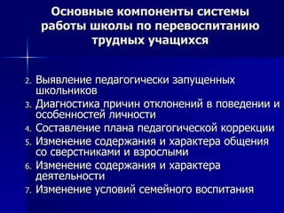 Основные компоненты системы работы школы по перевоспитанию трудных учащихся Выявление педагогически запущенных школьников Диагностика причин отклонений в поведении и особенностей личности Составление плана педагогической коррекции Изменение содержания и характера общения со сверстниками и взрослыми Изменение содержания и характера деятельности Изменение условий семейного воспитания 
