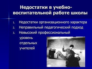 Недостатки в учебно-воспитательной работе школы Недостатки организационного характера  Неправильный педагогический подход Невысокий профессиональный уровень  отдельных  учителей  
