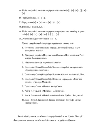 13.   Найпоширеніші випадки чергування голосних [о] - [а], [е] - [і], [е] -
           [и].

     14.   Чергування[е], [и] з [і].

     15.Чергування [е] - [о], після [ж], [ч], [ш].

     16.Букви и, і після г, к, х.

     17.   Найпоширеніші випадки чергування приголосних звуків у коренях
           слів [г], [к], [х] - [ж], [ш], [з], [с], [ц].

     18.Основні випадки чергування у-в, і-й.

           Уроки з української літератури проводила з таких тем:

           1. Історичне минуле нашого народу. Літописні оповіді «Про
              заснування Києва».

           2. Літописні оповіді «Про княгиню Ольгу», «Про хрещення Русі
              князем Володимиром».

           3. Літописна оповідь «Про князя Олега».

           4. Олександр Олесь(Кандиба) «Заспів», «Україна в старовину»,
              «Наші предки слов’яни ».

           5. Олександр Олесь(Кандиба) «Початки Києва», «Аскольд і Дір».

           6. Олександр Олесь(Кандиба) «Поход на Царгород», «Княгиня
              Ольга», «Ярослав Мудрий».

           7. Олександр Олесь «Микита Кожум’яка»

           8. Антін Лотоцький «Михайло - семиліток».

           9. Антін Лотоцький «Михайло - семиліток». Добро і Зло у казці.

           10.Іван – Нечуй Левицький. Цікава сторінка з біографії митця
              «Запорожці».




    За час відвідування уроків вчителя української мови Цьоми Вікторії
Дмитрівни та вчителя української літератури Нетребенко Оксани
 